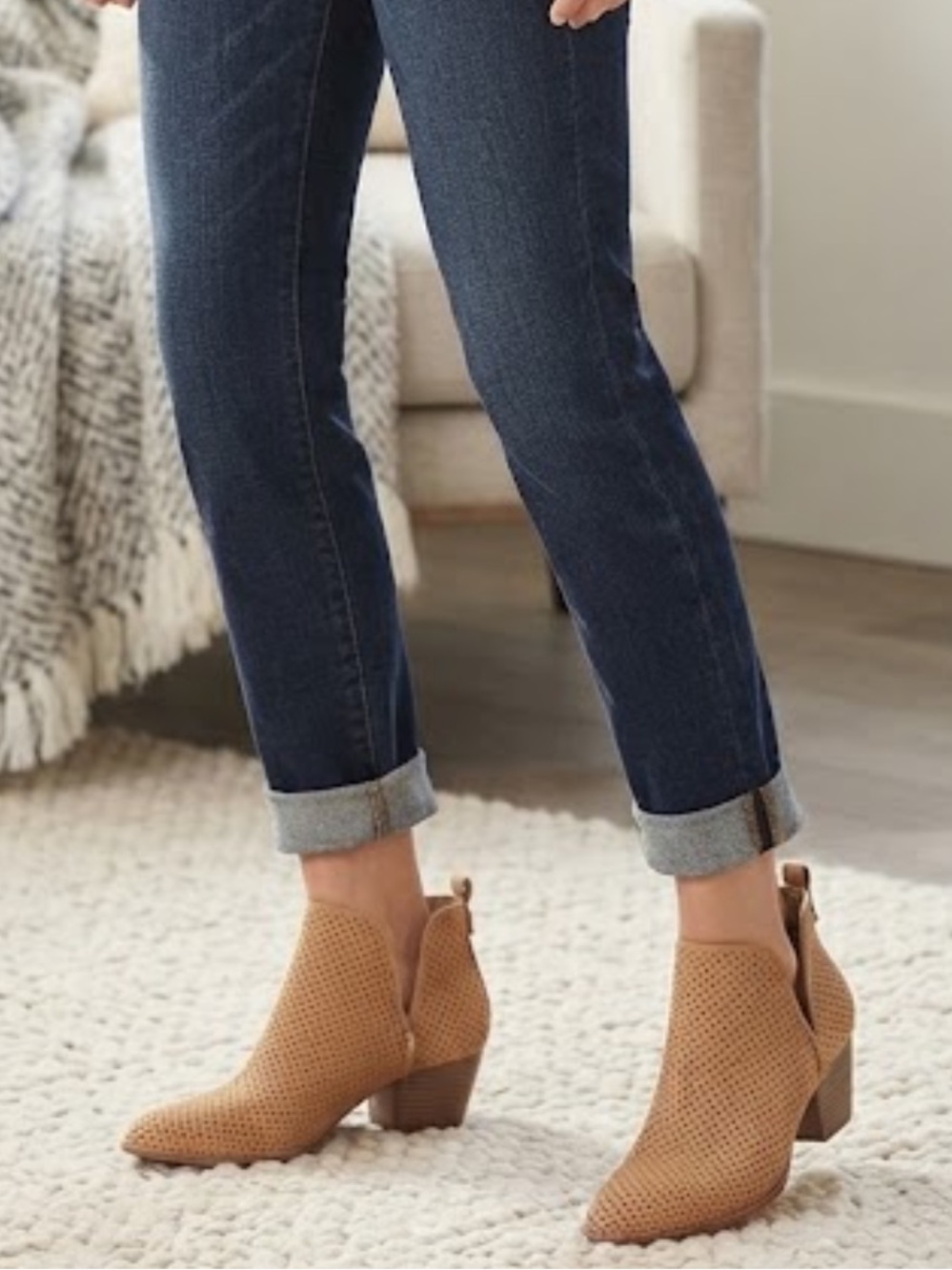 Sam Edelman Perforated Suede Ankle Boots in Camel Tan